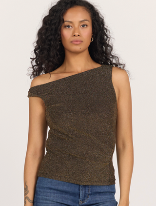 off-the-shoulder metallic top in a bronze-brown color