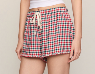  red, green, and white gingham pattern and a cream drawstring, christmas lounge shorts 