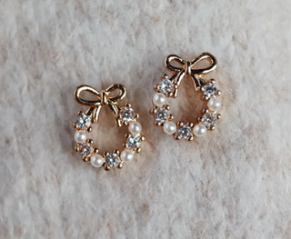 gold-tone hoop WREATH earrings decorated with small white faux pearls and clear rhinestones