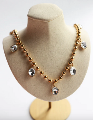 GOLD BALL CHAIN NECKLACE WITH MEDIUM OVAL STONES 