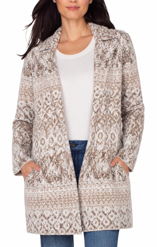 LONG SWEATER COAT, OPEN FRONT, GEOMETRIC BEIGE AND BROWN PATTERN 