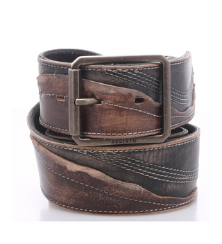 BED|STU RIVEN BELT, BLACK TEAK LEATHER WITH STITCH DESIGN 
