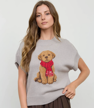 PUPPY JAQUARD SWEATER, SHORT SLEEVES AND GREY