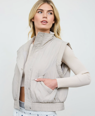 CROPPED CEMENT COLORED PUFFER VEST, MOCK NECK, BUTTON DOWN 