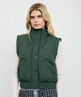 CROPPED HUNTER GREEN COLORED PUFFER VEST, MOCK NECK, BUTTON DOWN 