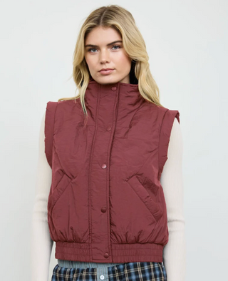 CROPPED OXBLOOD COLORED PUFFER VEST, MOCK NECK, BUTTON DOWN 