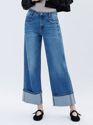 VEREVET SUPER HR CUFFED BAGGED CROP WIDE LEG JEANS, DARK DENIM 