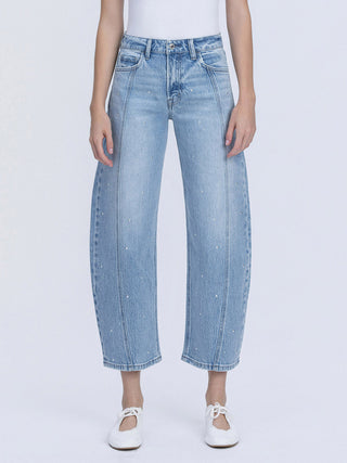 LIGHT WASH BARREL DENIM WITH SPARKLES/ EMBLESHIMENTS 