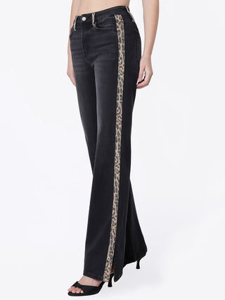 VERVET BLACK FLARED JEANS WITH LEOPARD STRIPE AND ACCENTS 