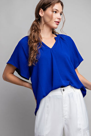 ES: V NECK RUFFLED TOP-ROYAL