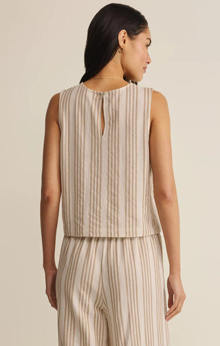 WHITE & BEIGE KNIT STRIPED TANK WITH BUTTON ON BACK