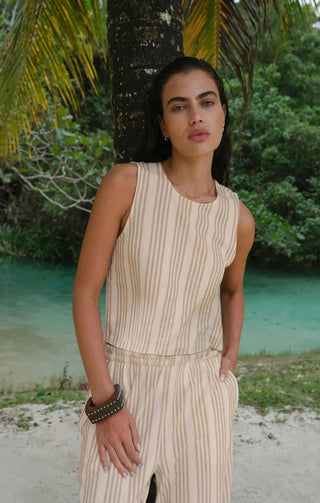 WHITE & BEIGE KNIT STRIPED TANK WITH BUTTON ON BACK