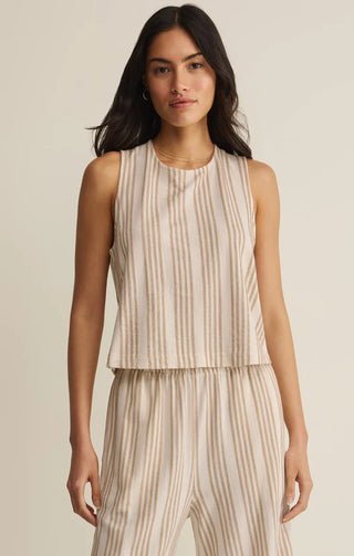 WHITE & BEIGE KNIT STRIPED TANK WITH BUTTON ON BACK