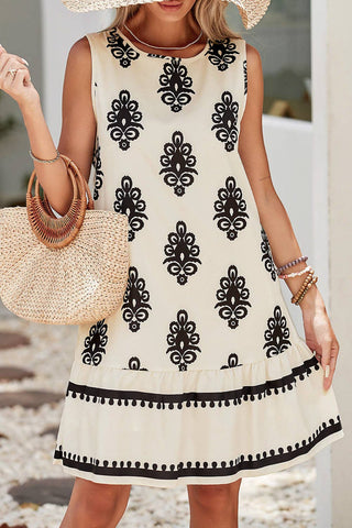 Geometric SS Mini Dress-Beige