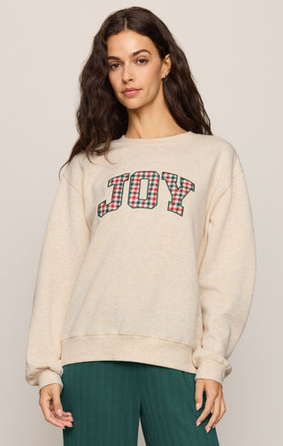 CREAM SWEATSHIRT WITH GIGHAM APPLIQUE JOY ON FRONT 