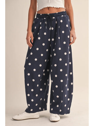 navy and white polka dot sweatpants with drawstring