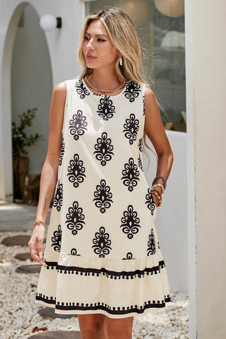 Geometric SS Mini Dress-Beige