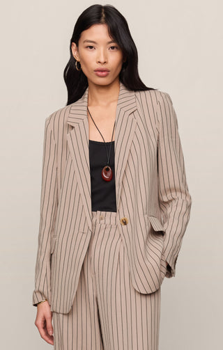 BEIGE AND BLACK PINSTRIPE BLAZER WITH ONE BUTTON 