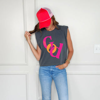 leeveless gray shirt with colorful letters that read Just God 