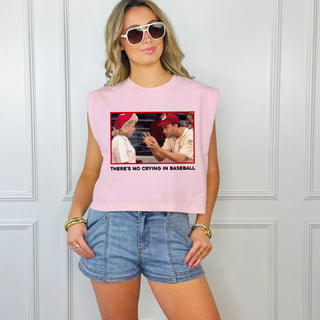 pink sleeveless shirt with a graphic and text reading "there's no crying in baseball"