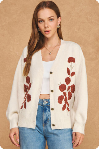 cream knit cardigan with burnt orange flower applique, button down 