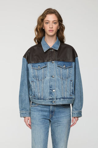 MEDIUM WASH DENIM JACKET WITH FAUX LEATHER DETAIL 