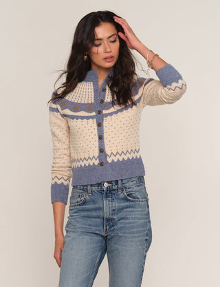 CREAM AND SLATE CARDIGAN WITH BROWN BUTTONS 