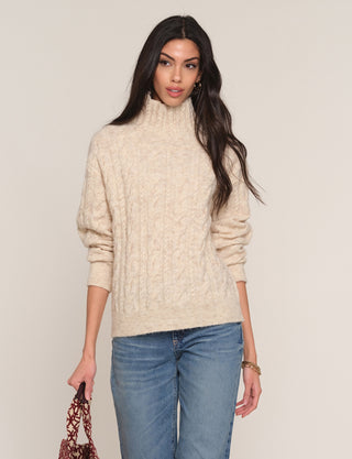 CREAM COLORED CABLE KNIT SWEATER WITH MOCK NECK 